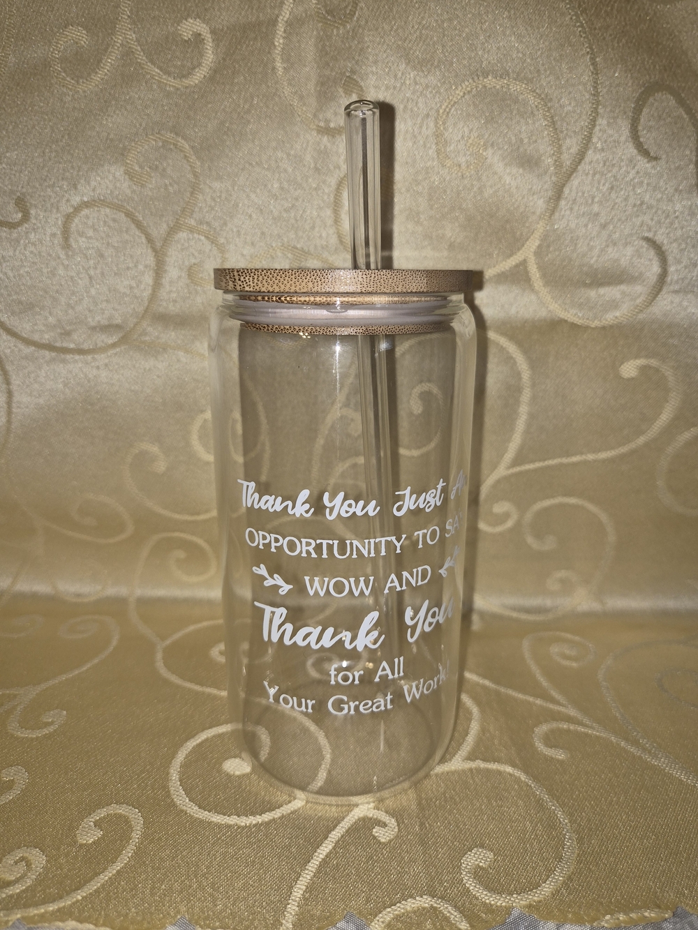 Clear Thank You Glass Tumbler with Straw and Wood-Effect Lid